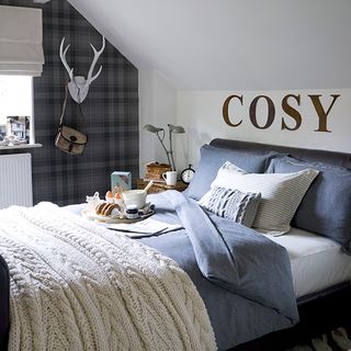 bedroom with winslow plaid and unpainted MDF wall letters