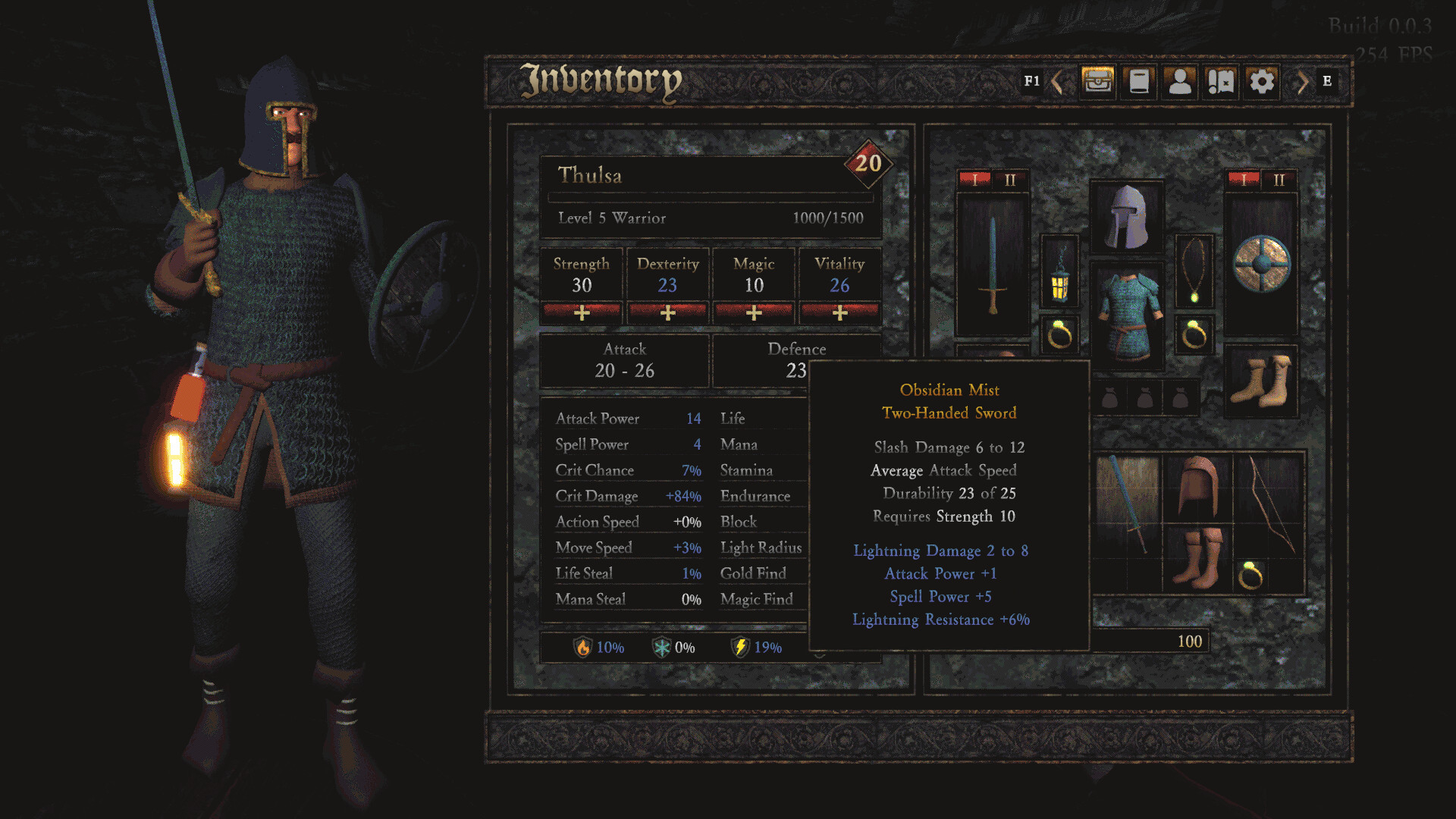 An inventory screen for a Warrior character in Heathen, showing a tooltip for a two-handed sword.