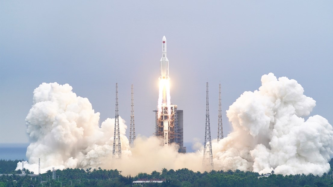 A Long March 5B rocket launches Tianhe, the core module of China's new space station, on April 28, 2021.