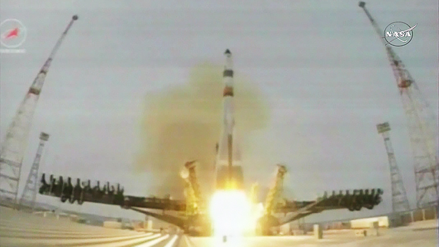 A Russian Soyuz rocket launches the unmanned Progress 62 cargo ship toward the International Space Station on Dec. 21, 2015 from Baikonur Cosmodrome in Kazakhstan.