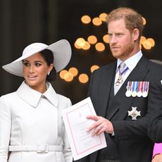 Meghan, Duchess of Sussex and Prince Harry, Duke of Sussex attend the National Service of Thanksgiving at St Paul's Cathedral on June 03, 2022 in London, England. The Platinum Jubilee of Elizabeth II is being celebrated from June 2 to June 5, 2022, in the UK and Commonwealth to mark the 70th anniversary of the accession of Queen Elizabeth II on 6 February 1952. 