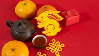 Chinese zodiac 2023: Greeting for Chinese Rabbit New Year 2023, images of the water rabbit, oranges and tea. All with a red background.