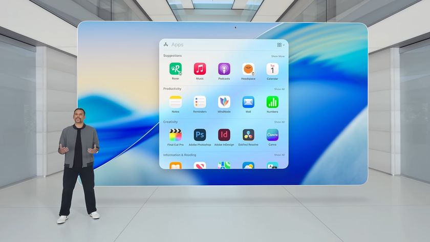 The apps section of the redesigned Spotlight in macOS 26 being demonstrated at Apple&#039;s Worldwide Developers Conference (WWDC) in June 2025.