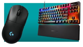 Logitech G Pro 2 Lightspeed gaming mouse and Steelseries Apex Pro TKL Gen 3 gaming keyboard on a blue background