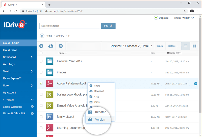 iDrive web interface