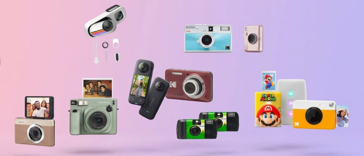 cameras from fujifilm, polaroid and insta360 on gradient background