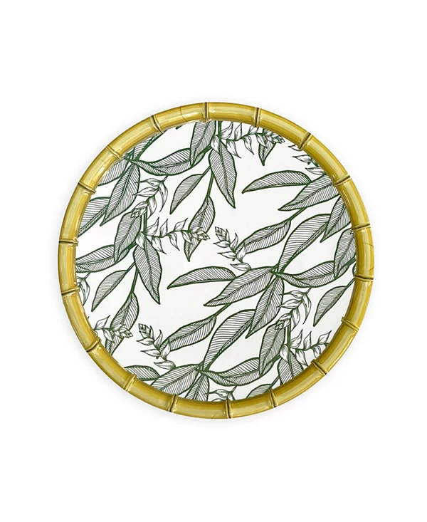 Bamboo rimmed, palm-patterned dinner plate