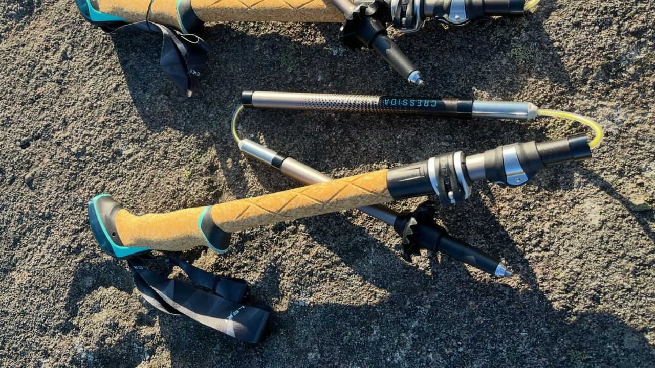 Leki Cressida FX Carbon Trekking Poles in use by hiker Susan Griffin and product shot