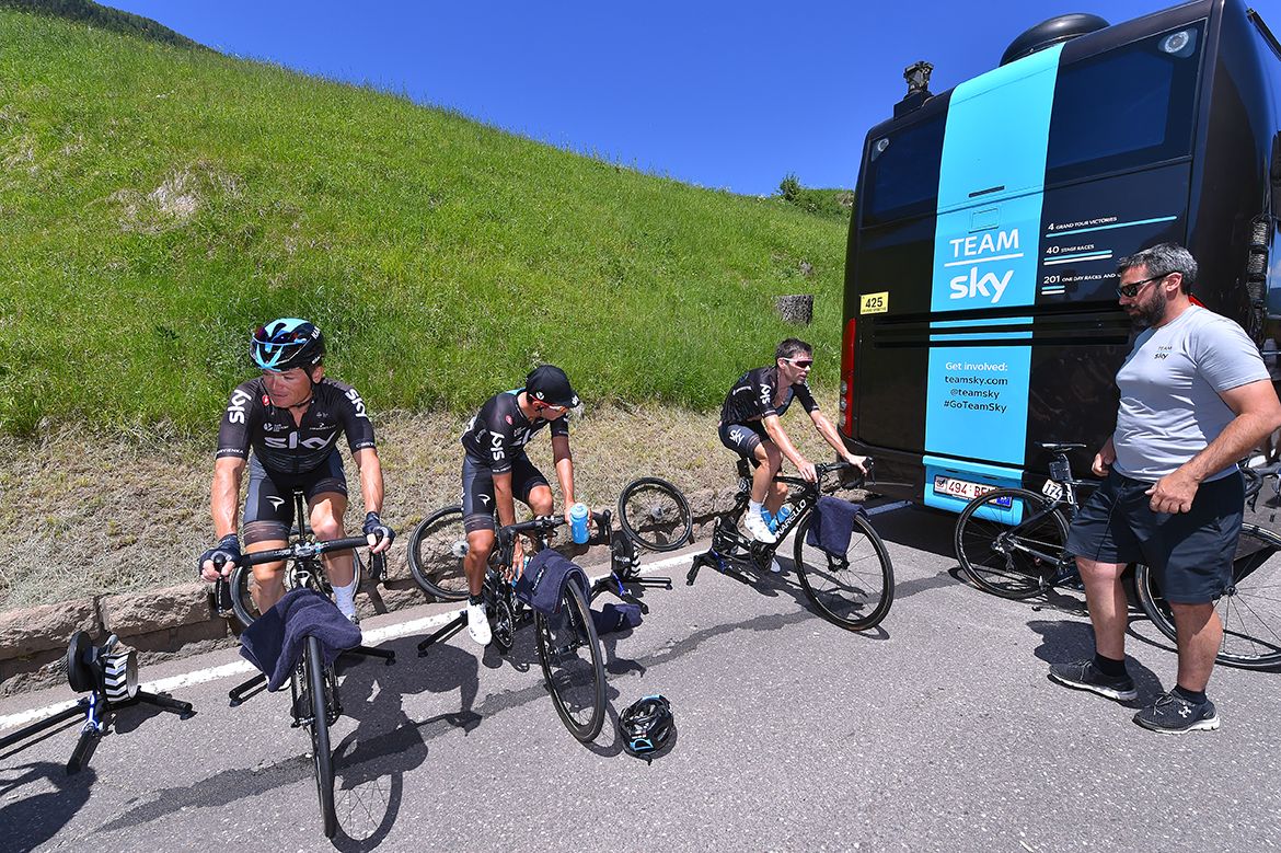 Team Sky warm up for a fast and furious stage