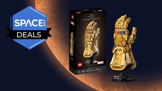 The Lego Marvel Infinity Gauntlet set showing details of final build, packaging, and the Space.com deals logo