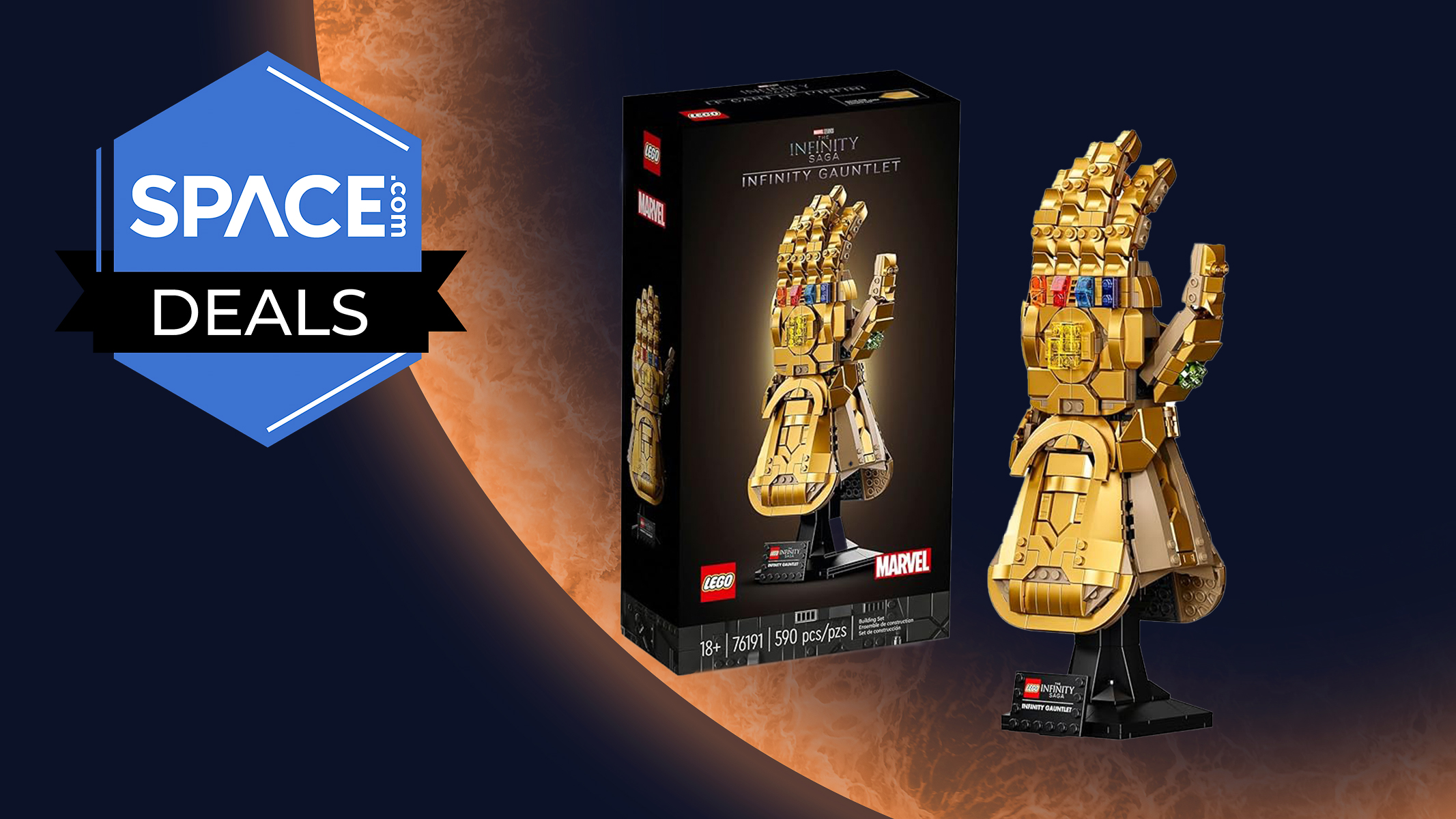 The Lego Marvel Infinity Gauntlet set showing details of final build, packaging, and the Space.com deals logo