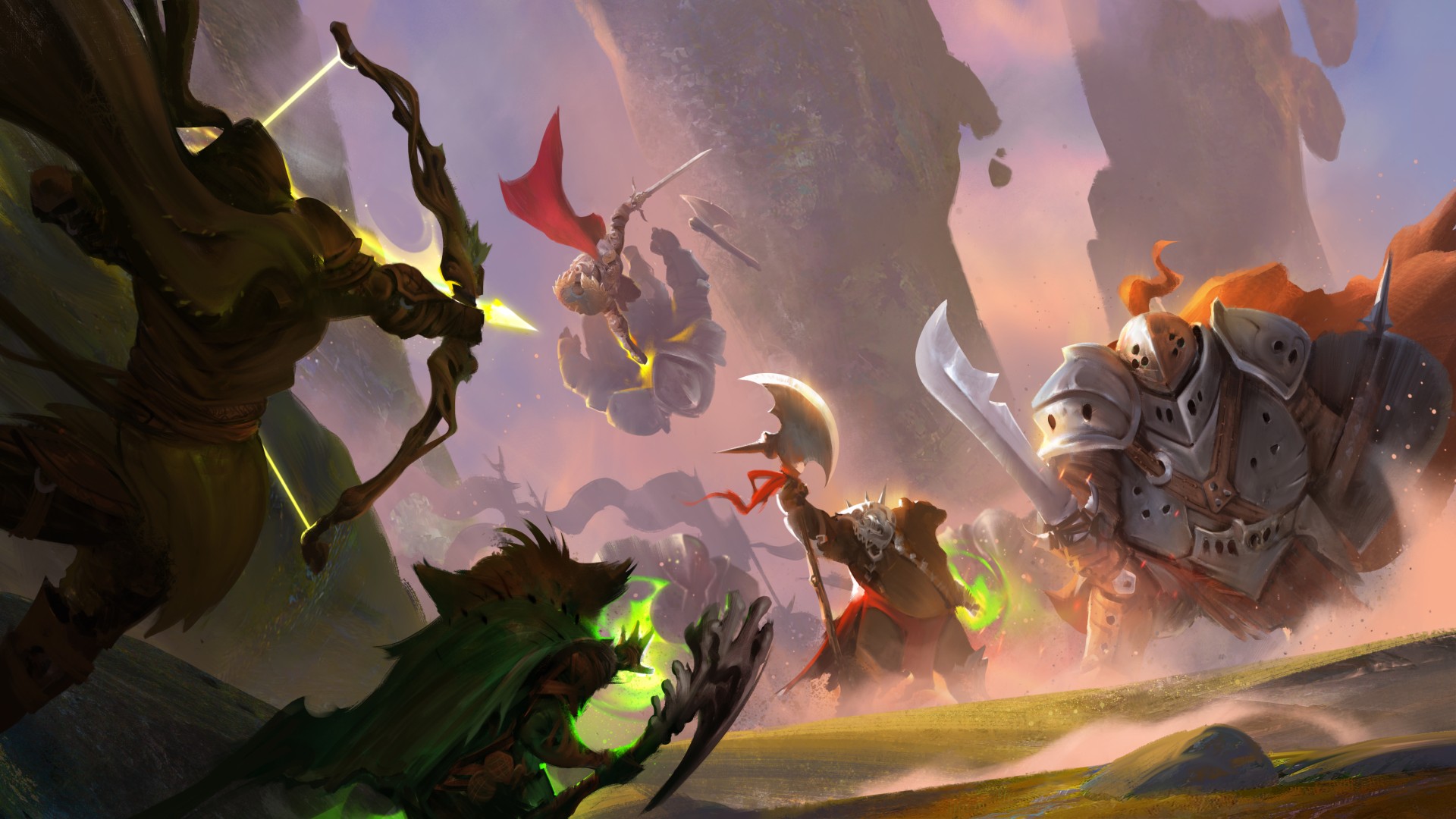 Guild Wars 3 concept art showing a ranger and spellcaster in the shadows preparing to battle three large warrior foes