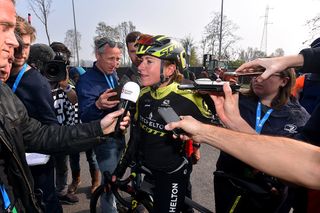 Annemiek van Vleuten (Mitchelton-Scott) speaks to the press after Tour of Flanders