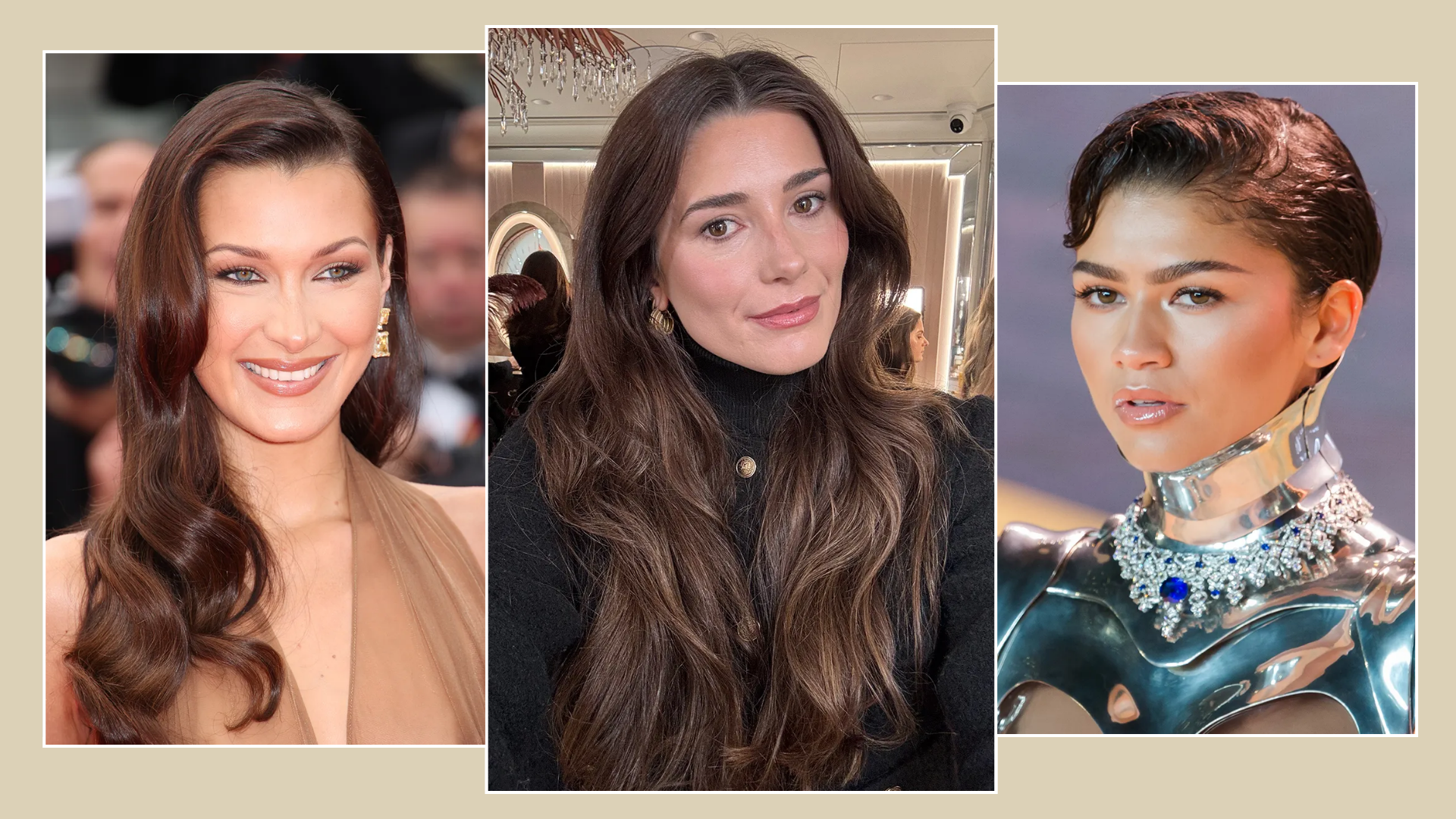 A collage of eyeshadow looks suited for hooded eyes, featuring Bella Hadid and Zendaya alongside a selfie of beauty editor Eleanor Vousden