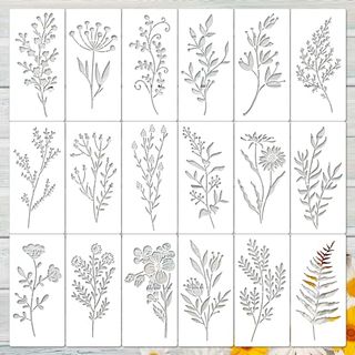 Keluna Plant Leaves Stencils for Painting, 18 Pcs Reusable Stencils Crafts Template Diy Art Scrapbook Set, Leaves Painting Stencils for Wall Rock Canvas Chalkboard Home Decor (3 * 6 Inch)