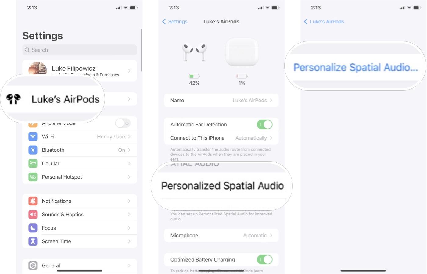 So richten Sie personalisiertes räumliches Audio in iOS 16 ein: Starten Sie Einstellungen, tippen Sie auf Ihre AirPods, tippen Sie auf personalisiertes räumliches Audio und tippen Sie dann auf räumliches Audio personalisieren.
