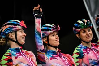 Poland's Katarzyna Niewiadoma C of Canyon SRAM Racing gestures during the team presentation before the start of the women elite race of the LiegeBastogneLiege one day cycling event 1421km from Bastogne to Liege in Bastogne on April 24 2022 Belgium OUT Photo by JASPER JACOBS Belga AFP Belgium OUT Photo by JASPER JACOBSBelgaAFP via Getty Images