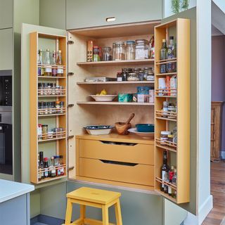 Open kitchen larder unit with green exterior and wood interior
