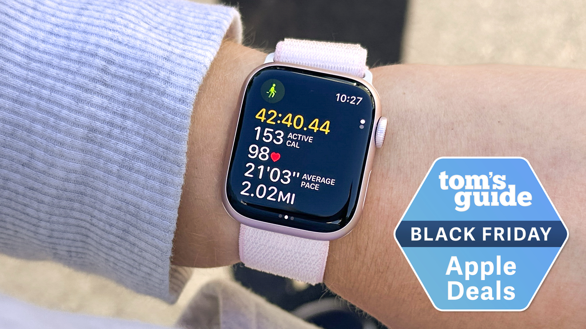 Apple Watch Series 9 on a person's wrist showing a workout summary