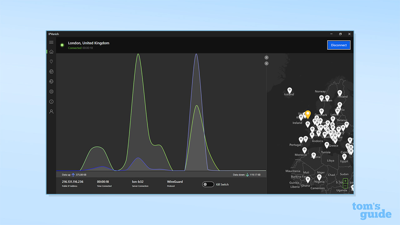 IPVanish connected on its Windows app
