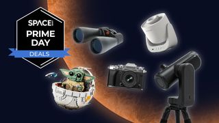 Lego Grogu, Celestron 15x70 binoculars, Fujifilm X-T5, Orzorz star projector and Unistellar Odyssey Pro on an orange planet background with a black Space.com Prime Day badge in the upper-left corner.