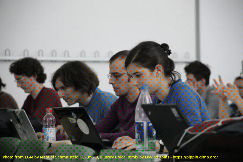 A seemingly coloured photo of people in a classroom