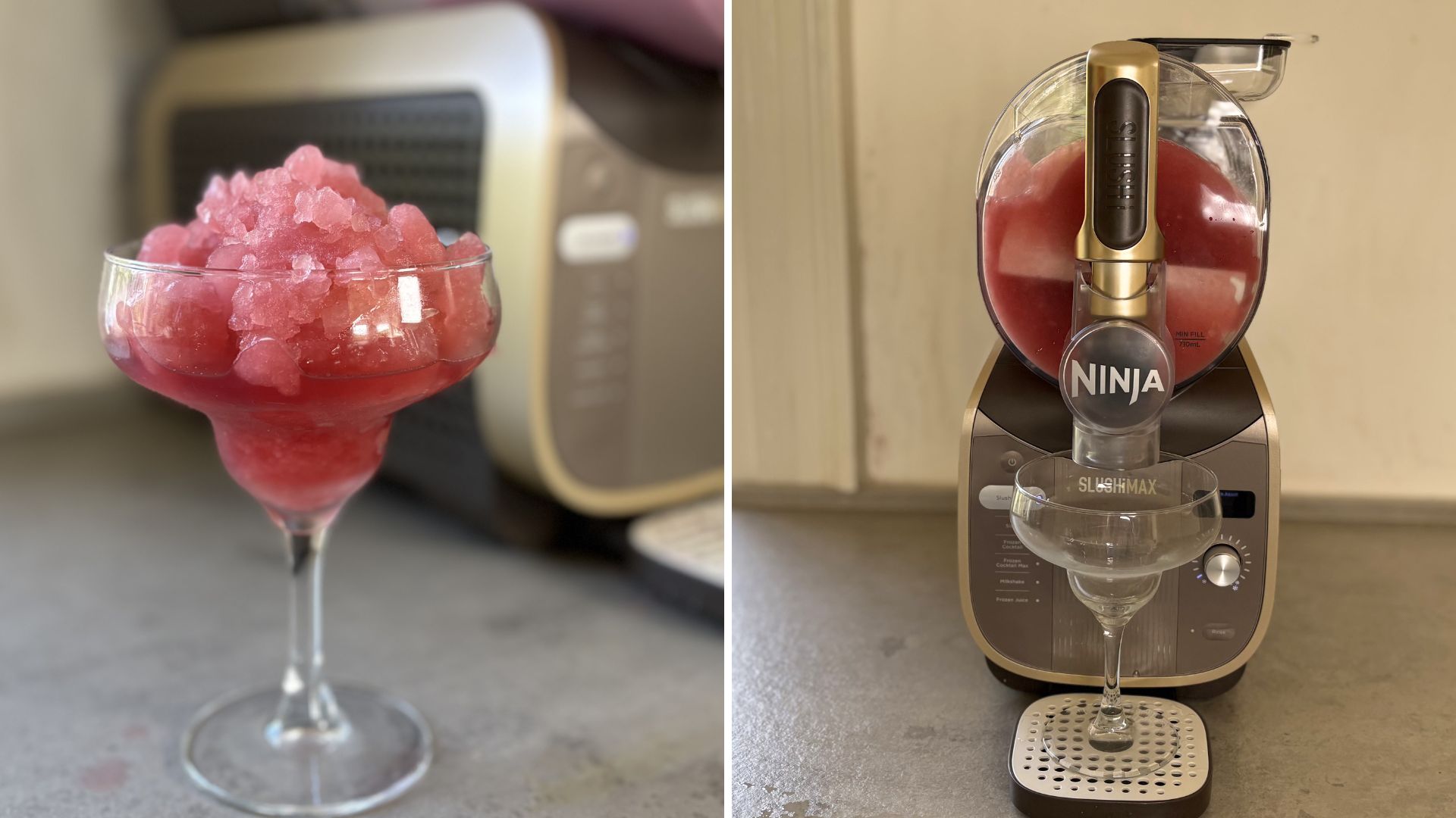 Ninja Slushi Max Frozen Drinks Maker making a slushie with a berry drink