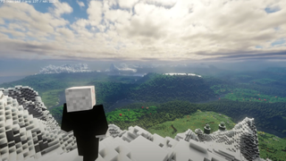 Minecraft character looks out at a view from the top of a mountain