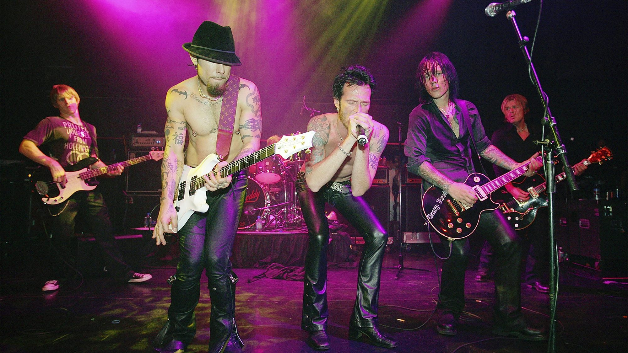 Camp Freddy (L-R) Jane's Addiction bassist Chris Chaney and guitarist Dave Navarro, Velvet Revolver singer Scott Weiland, guitarist Billy Morrison and guitarist Billy Duffy from The Cult, perform at the grand opening of the Empire Ballroom October 22, 2005 in Las Vegas, Nevada.