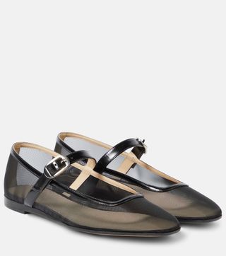Patent leather-trimmed mesh flats