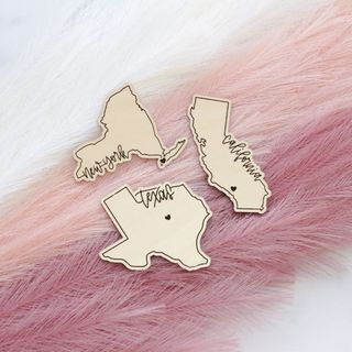 Three wooden state shaped magnets laying on a pink feathers