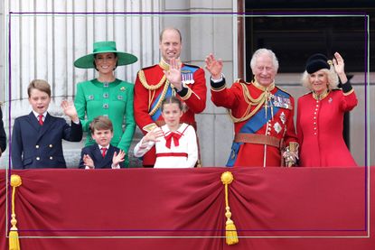 The royal family waving from the balcony at Buckingham Palace during Trooping the Colour