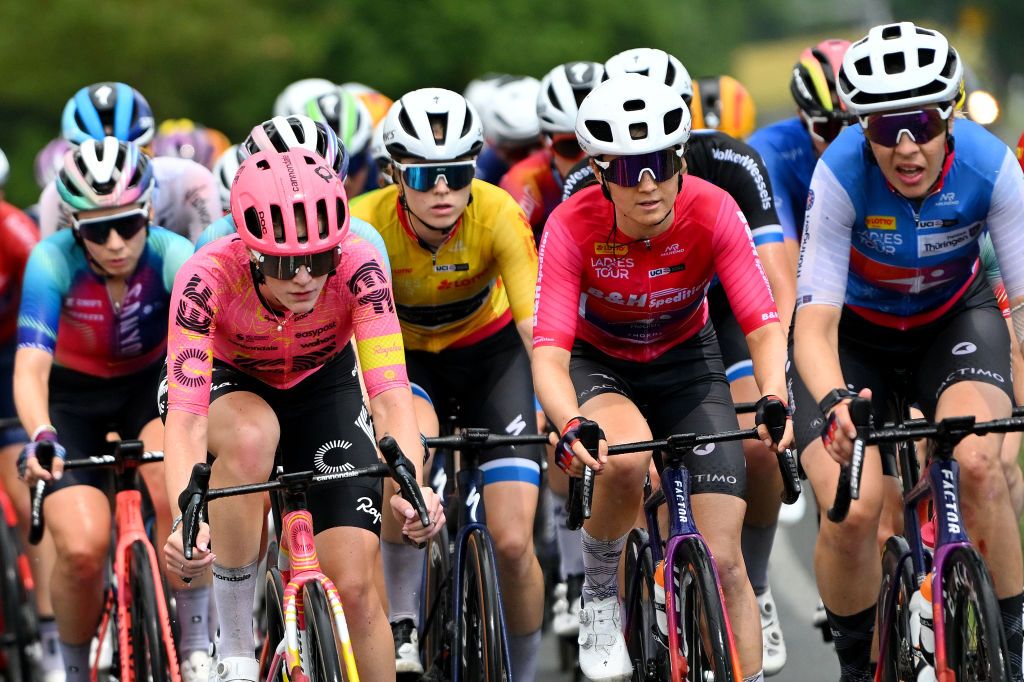 SCHMOLLN GERMANY JUNE 27 LR Mirre Knaven of The Netherlands and Team EF EducationCannondale Margot Vanpachtenbeke of Belgium and Volkerwessels Pro Cycling Team Yellow Leder Jersey Ruth Edwards of The United States and Team Human Powered Health Pink Sprint Queen Jersey compete during the 36th Internationale LOTTO Thringen Ladies Tour 2024 Stage 3 a 1446km stage from Erfurt to Erfurt on June 27 2024 in Schmolln Germany Photo by Luc ClaessenGetty Images