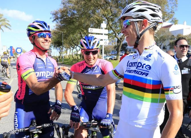 Rui Costa congratulates Sacha Modolo on his victory