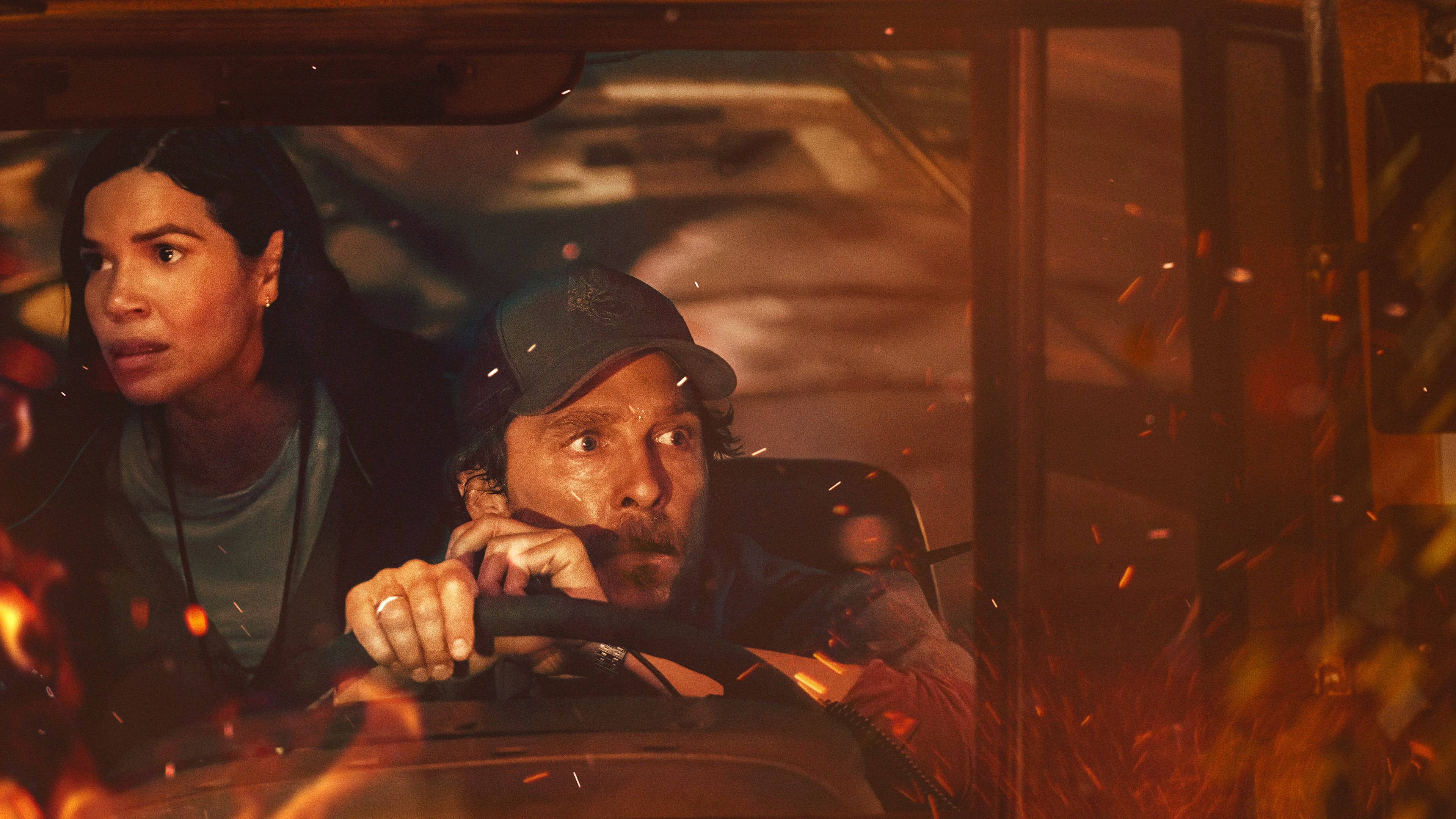 America Ferrera as Mary Ludwig and Matthew McConaughey as Kevin McKay in The Lost Bus.