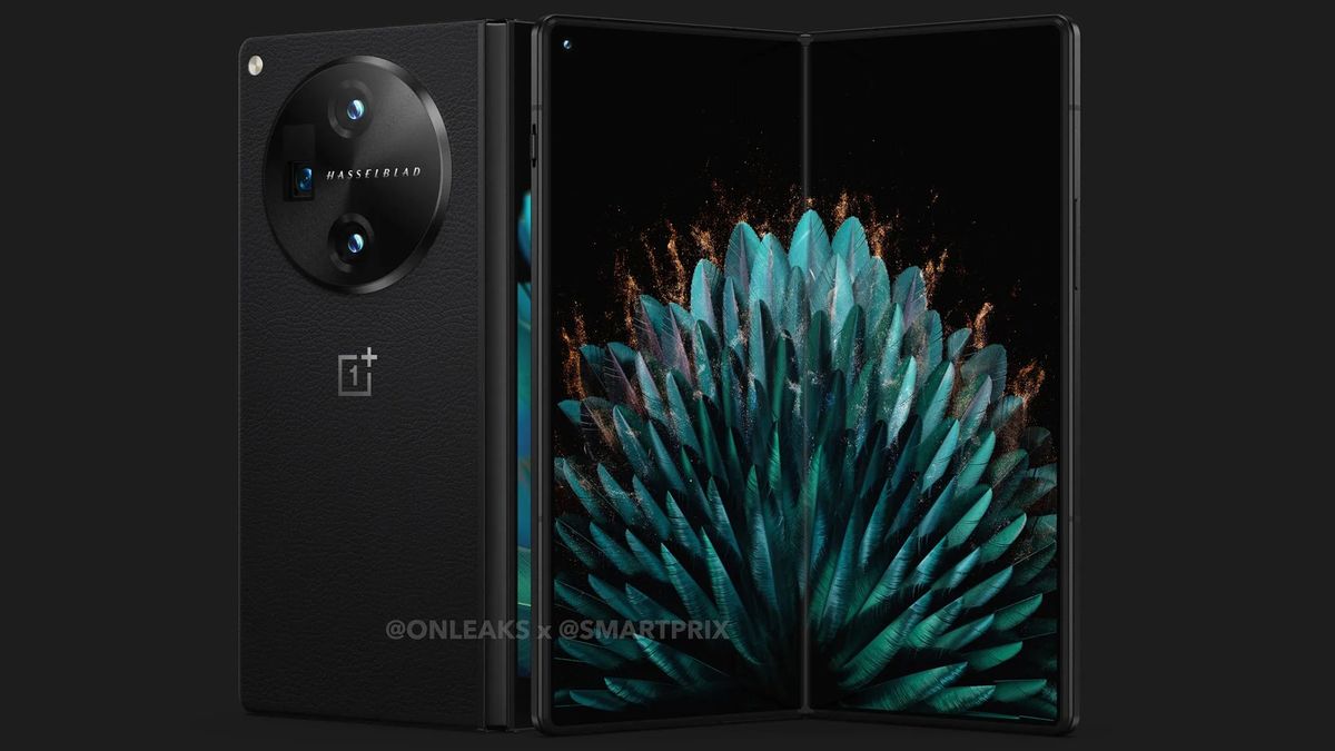 OnePlus Fold render &ndash; front &amp; back open. Source: OnLeaks ✕ Smartprix