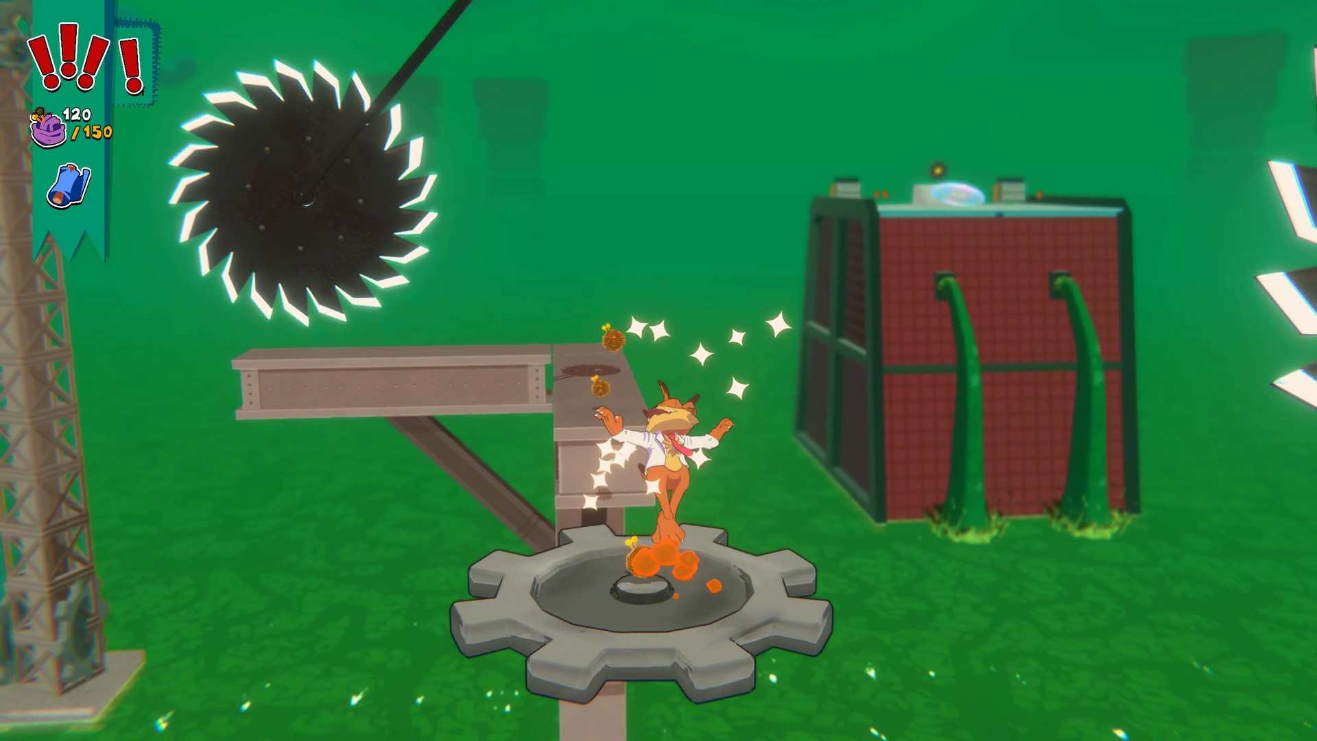 Bubsy twirls through a construction site in Bubsy 4D while evading swinging saw blades