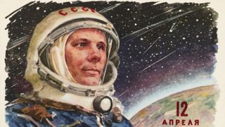An illustration of a postcard featuring Yuri Gagarin on on the left against a backgdrop of stars and Earth in the background in the lower right of the image.