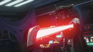 A black-clad villain with a blazing red light saber