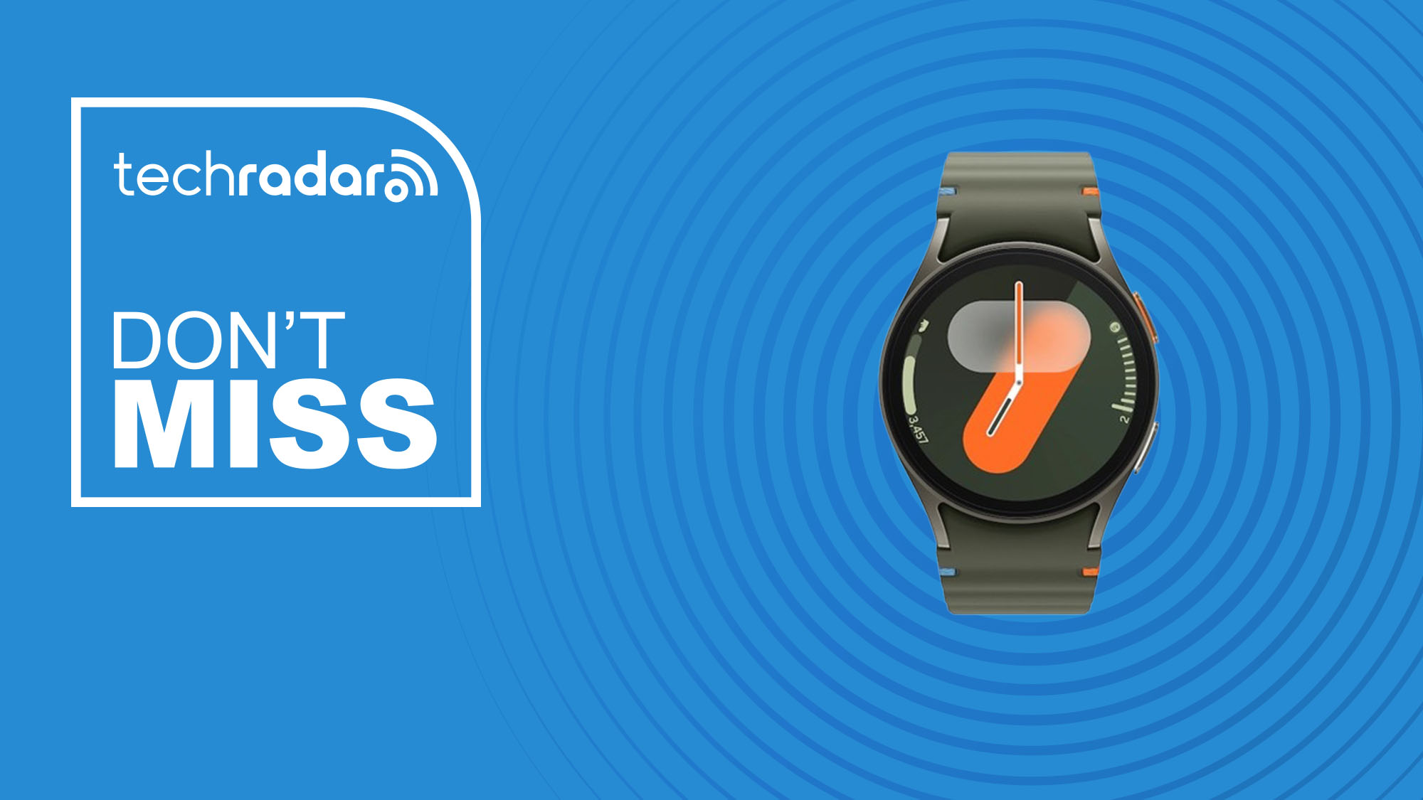 The Samsung Galaxy Watch 7 on a blue background with text saying DOn't Miss next to it.