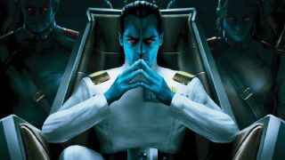 Grand Admiral Thrawn, a humanoid with striking blue skin, short dark hair and red eyes, looks extremely menacing as he sits in his chair flanked by two guards.