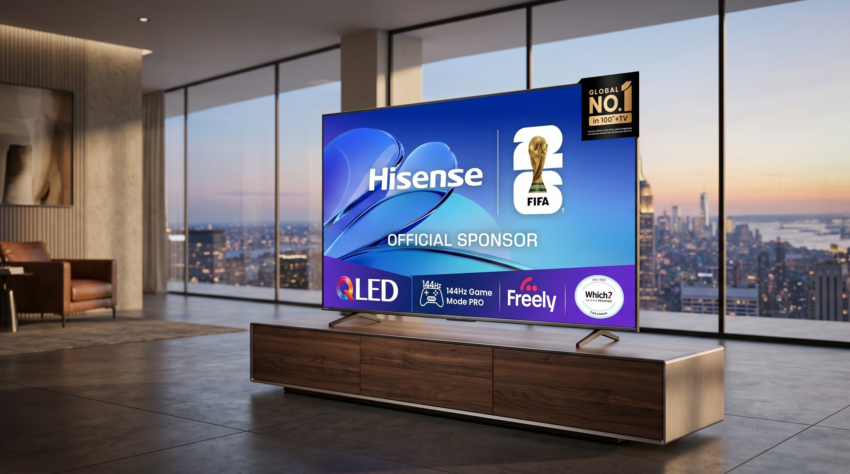 The Hisense E7Q on a TV stand in a stylish and minimalist apartment with a view of the cityscape out of a window behind it.