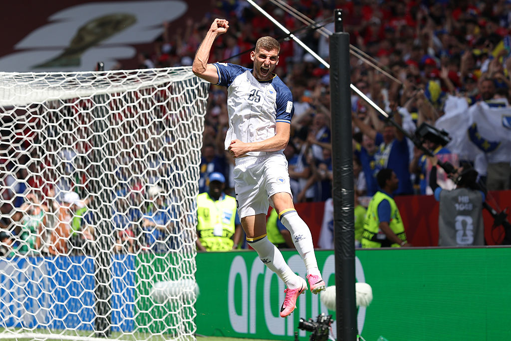Jovo Lukic #25 of Bosnia and Herzegovina celebrates scoring his team's first goal during the FIFA World Cup 2026 Group B match between Canada and Bosnia and Herzegovina at Toronto Stadium