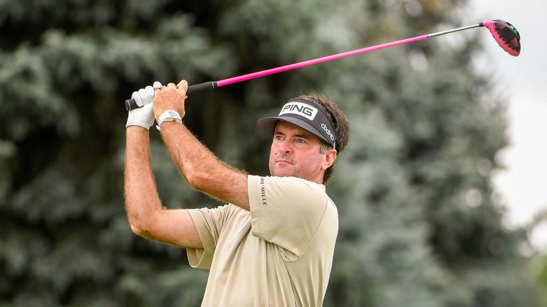 Bubba Watson holds his finish after hitting a drive