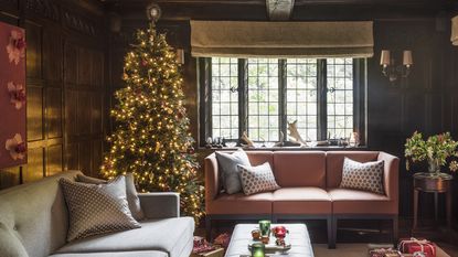 Christmas tree by a window and pink sofa 