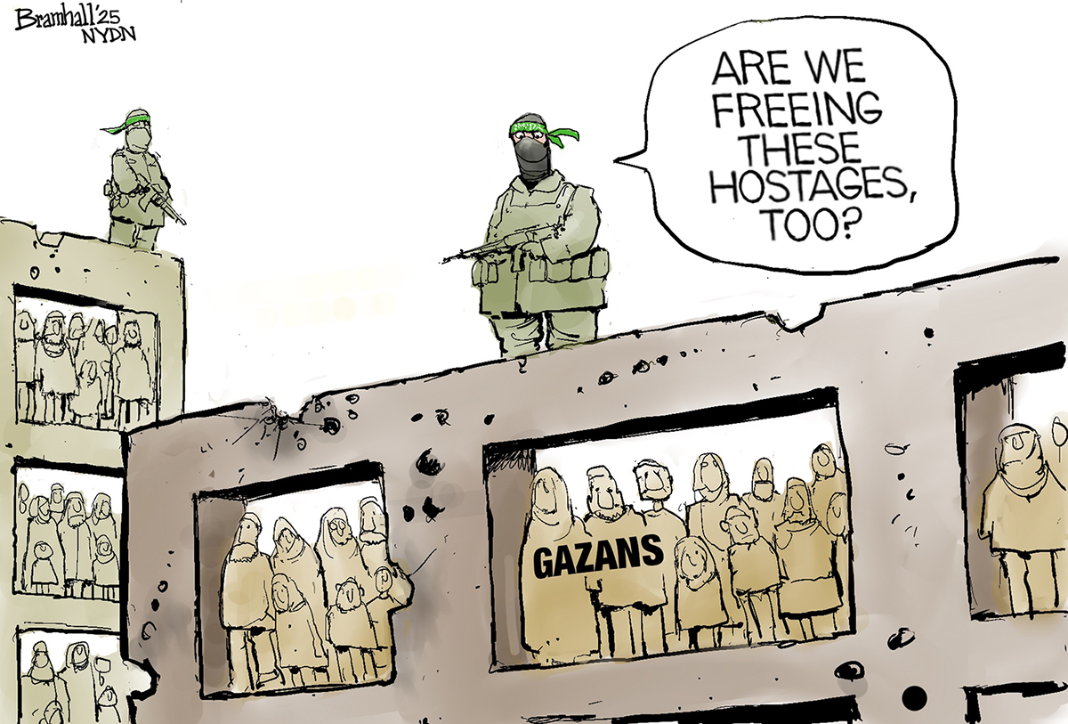 This cartoon takes place in Gaza, where two armed and masked men stand atop ruined buildings filled with people labeled &amp;ldquo;Gazans.&amp;rdquo; One of the masked men says, &amp;ldquo;Are we freeing these hostages too?&amp;rdquo;