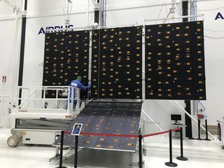The ten solar panels for the European Space Agency's Juice (Jupiter Icy Moons Explorer) spacecraft are ready to be turned into solar wings. The panels arrived at Airbus Defense and Space in the Netherlands and, with five solar panels on each side of the spacecraft, the panels will fold up inside the launcher and then eventually deploy like wings for the probe.