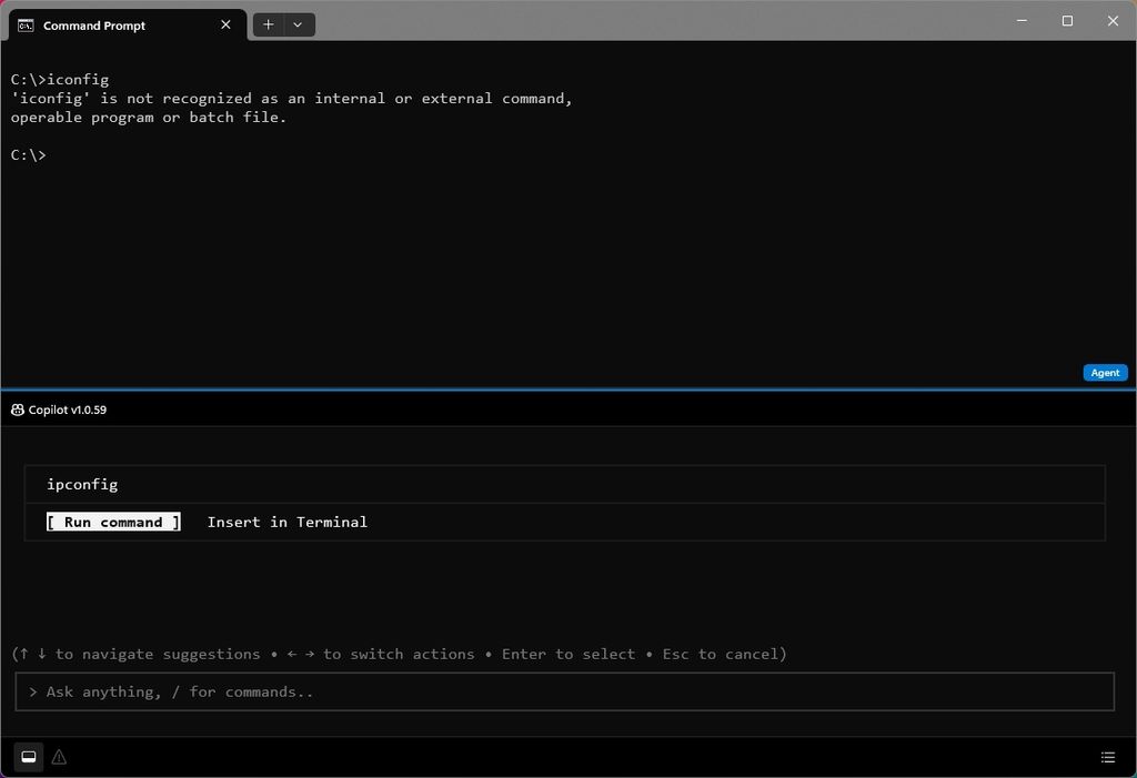 Intelligent Terminal with GitHub Copilot helping user to correct a command.
