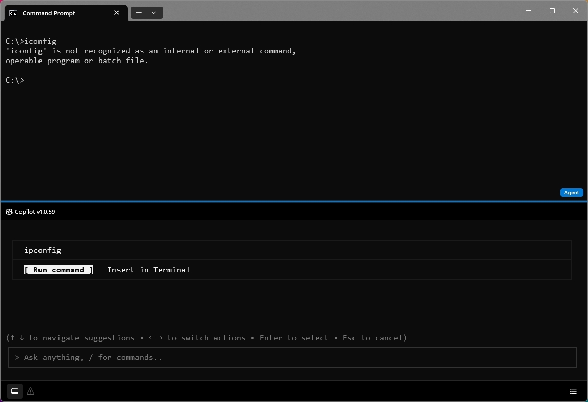 Intelligent Terminal with GitHub Copilot helping user to correct a command.