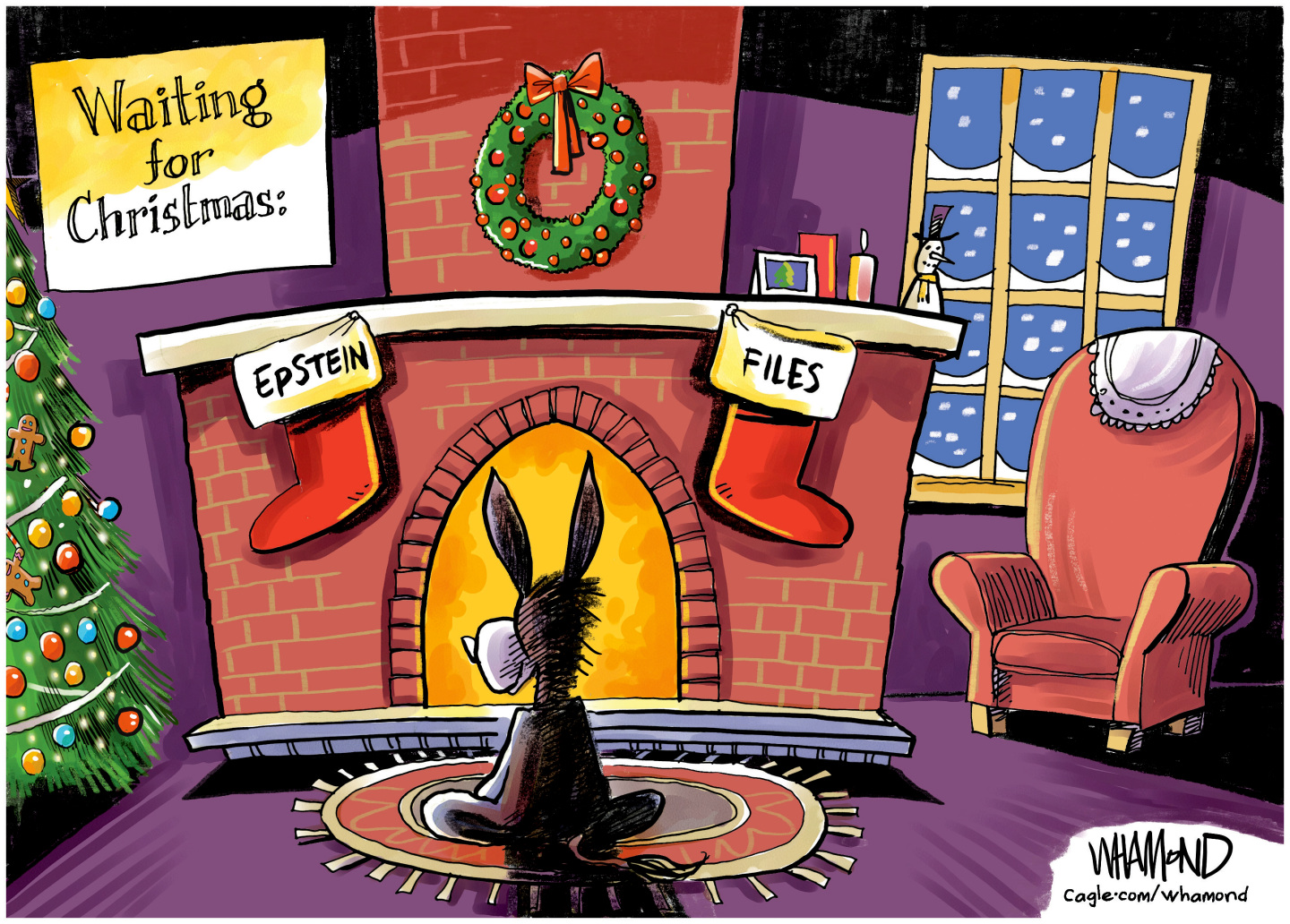 A donkey sits in front of a cozy fireplace in a room waiting for Christmas. There&amp;rsquo;s snow falling outside, a Christmas tree is to the left of the fireplace and a red chair is to the right. There are two stockings hanging from the mantle. One says &amp;ldquo;Epstein&amp;rdquo; and the other &amp;ldquo;Files&amp;rdquo;.